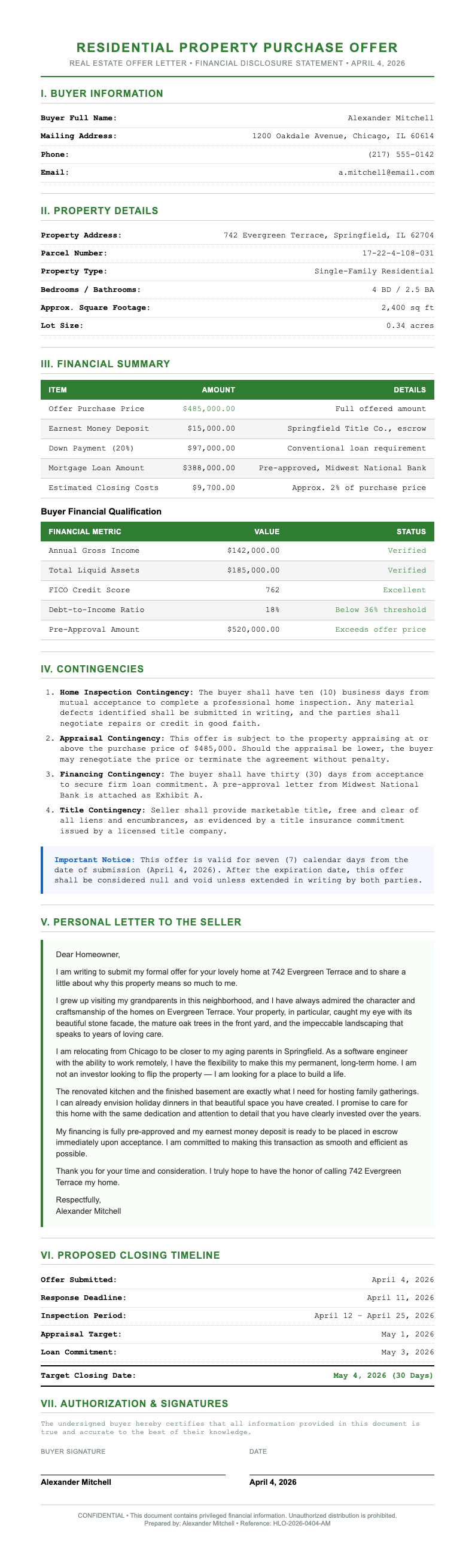 Financial statement house offer letter